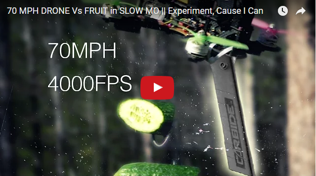 Квадрокоптер разрезает лезвием фрукты в slow-mo