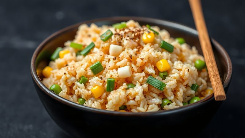Жареный рис «умами» с яйцом и овощами: быстрый ужин в азиатском стиле Азиатская глубокая пиала с рассыпчатым жареным рисом, зеленым горошком