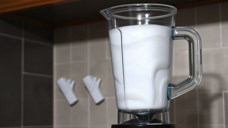 Экспресс-чистка блендера за 30 секунд: вода и капля мыла Прозрачная чаша кухонного блендера заполнена взбитой белой мыльной пен