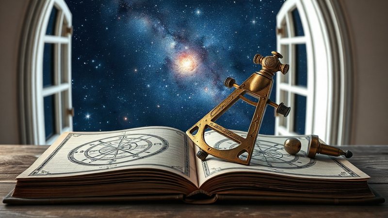 Коктейль космических вибраций и смелых планов Старинный витиеватый секстант из полированной меди на фоне звездного н