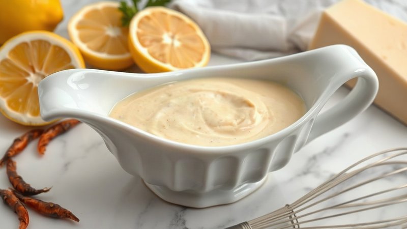 Домашний соус Умами-Цезарь с анчоусами, чесноком и пармезаном: рецепт Густой шелковистый соус Умами-Цезарь в соуснике с венчиком, рядом лежа