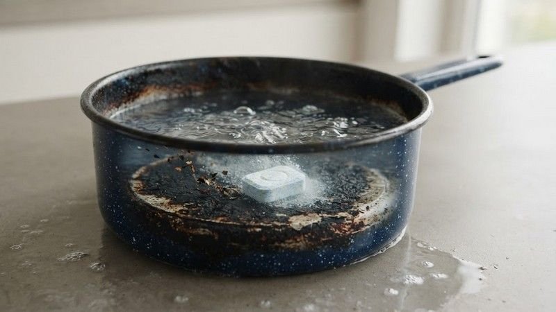 Как легко очистить пригоревшую эмалированную кастрюлю с помощью таблетки для посудомойки Таблетка для посудомоечной машины растворяется в горячей воде на дне п