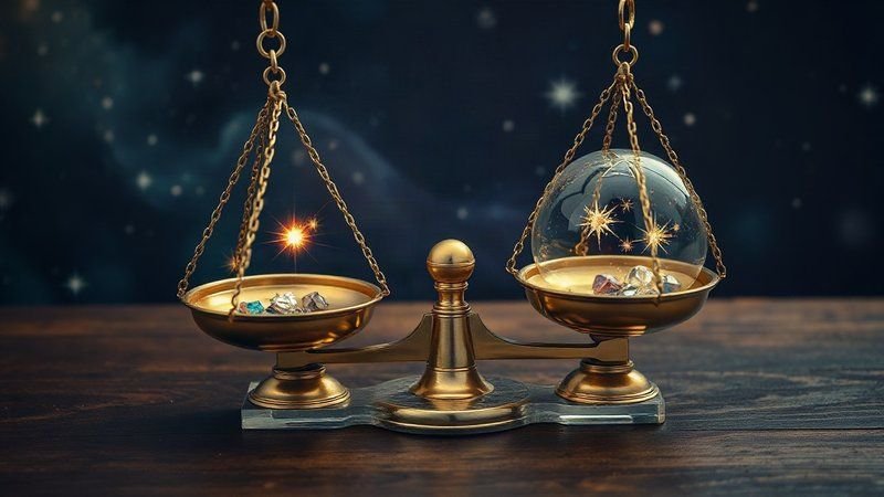 Космическое взвешивание приоритетов Золотые старинные астрологические весы, уравновешивающие сияющие крист