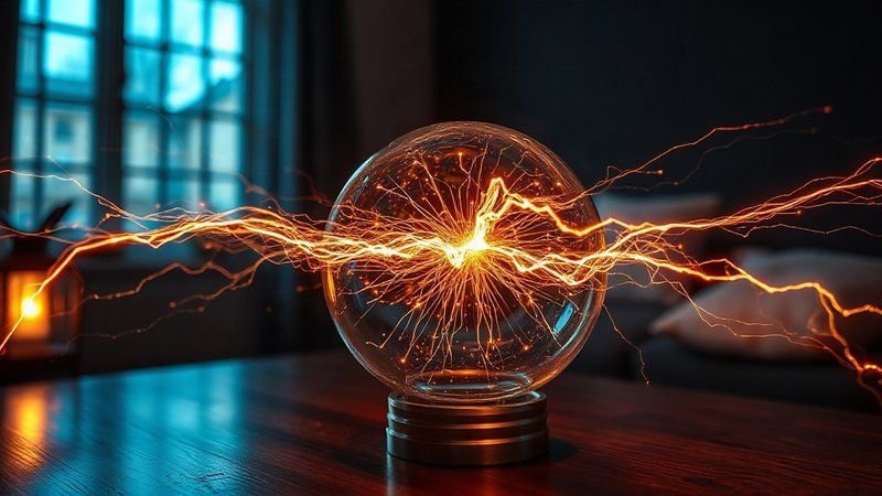 Биофизика синаптической передачи: как квантовое выделение ацетилхолина активирует постсинаптическую мембрану Прозрачный стеклянный плазменный шар с яркими светящимися разрядами в